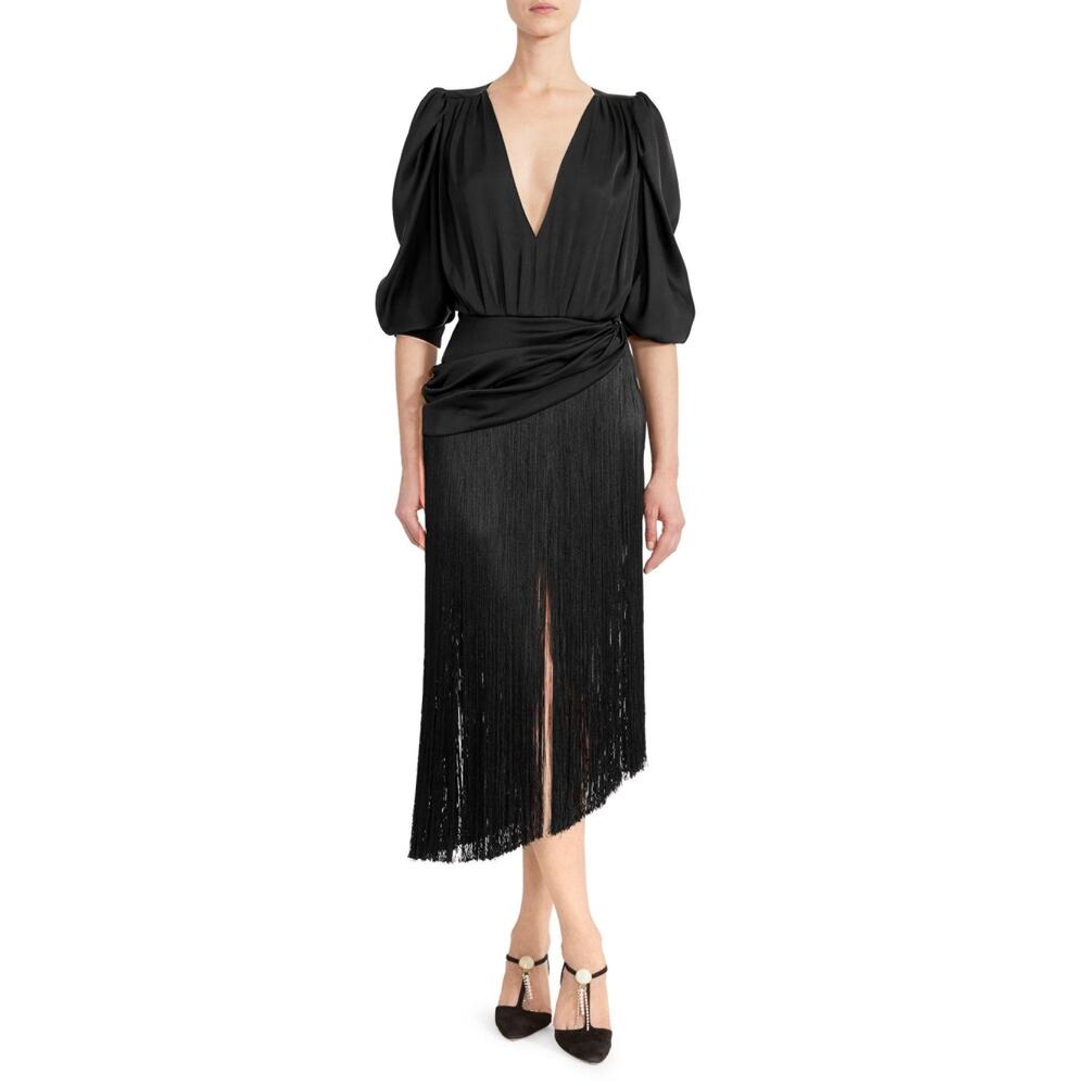 Magda Butrym Wels Black Silk Satin Asymmetric Fringe Midi Dress EU 36 US 4